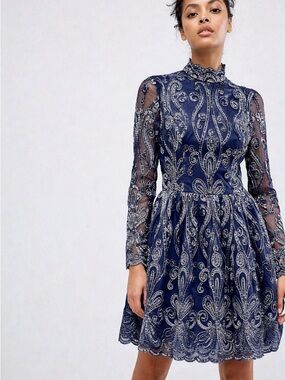 Chi Chi London Navy Embroidered Long Sleeve Fit & Flare Dress